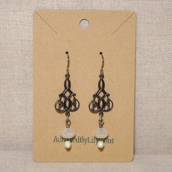 Hand Crafted Handmade Earrings Brass Filigree Cream Opalite Czech Glass … - Picture 2 of 5